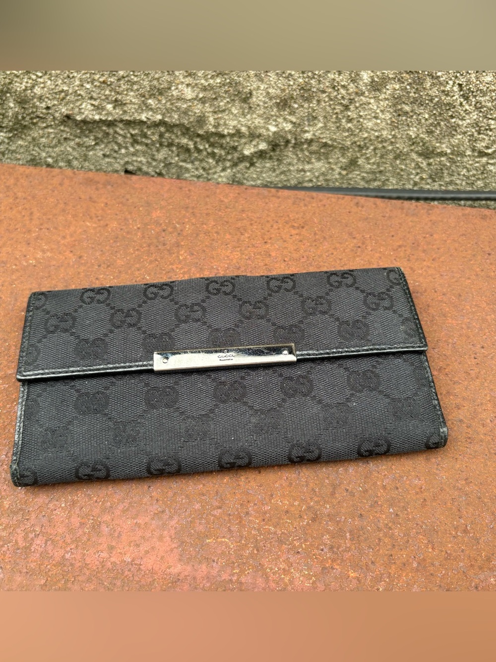 Auth GUCCI GG Black Canvas Leather Long Flap Wallet Purse
